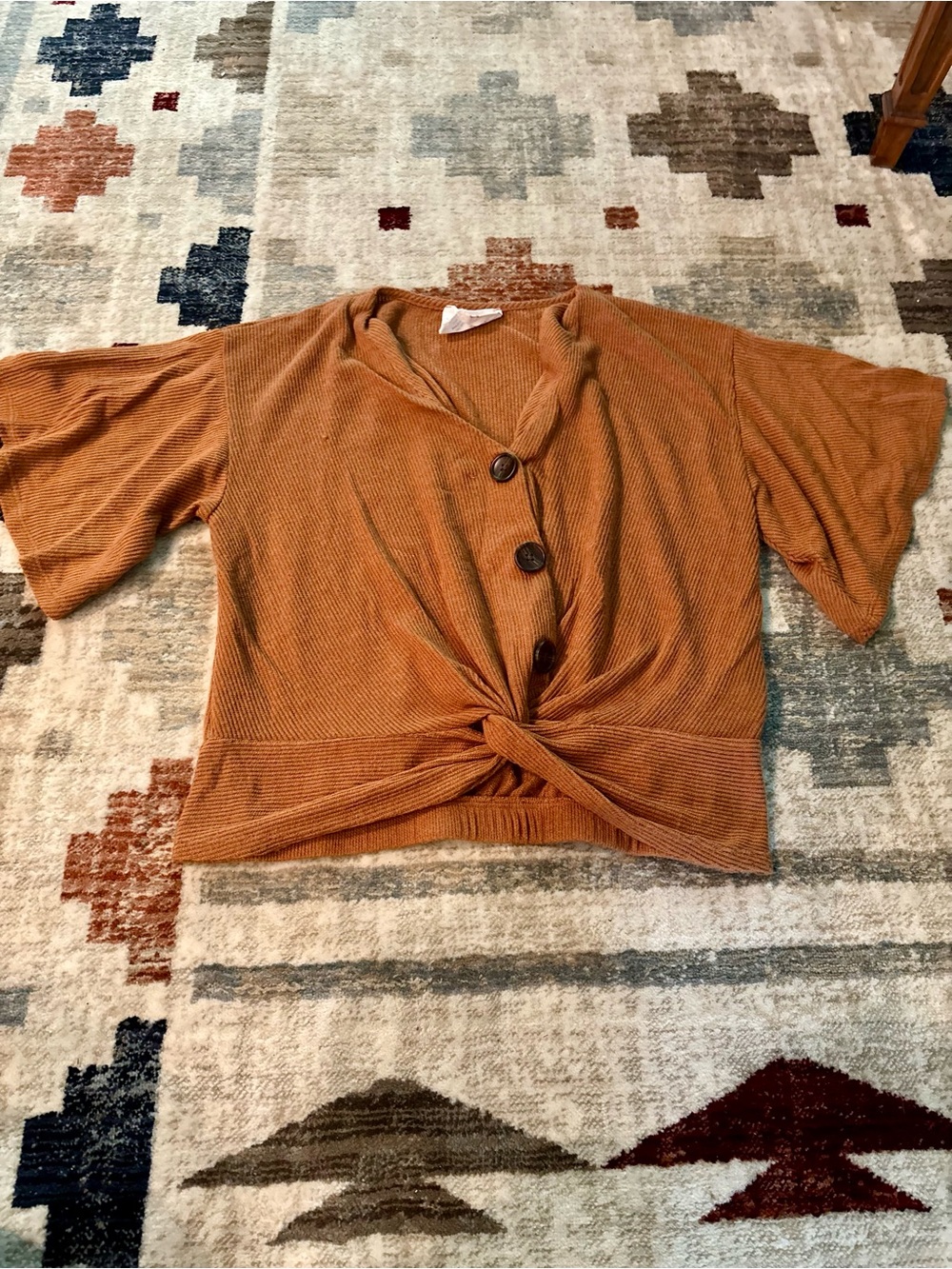 Rust Knit Button-Front Twist Hem Blouse - Women's